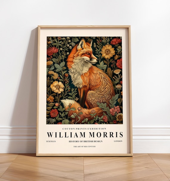 William Morris fox decor, Botanical print, Dark Cottagecore decor, Mid century exhibition poster