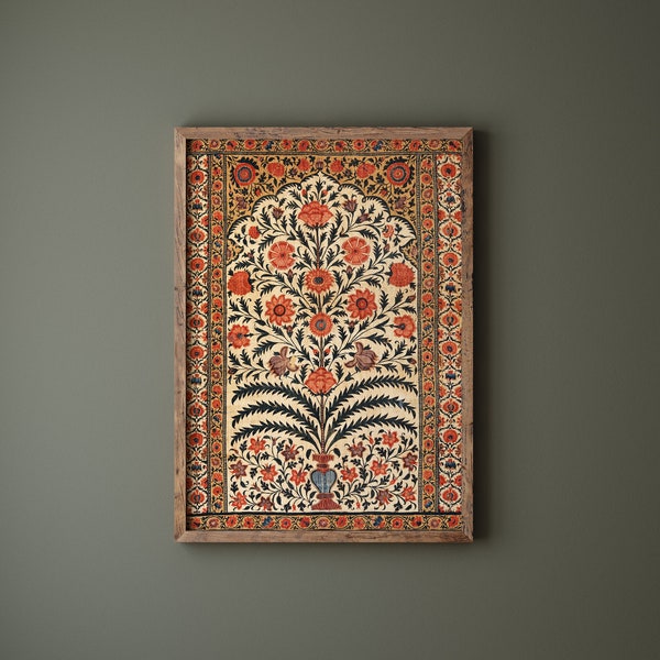 Intricate floral arrangements, Arched doorways, Mughal Vintage Art Print | Indian Textile Art | Oriental Art | Frame Not Included