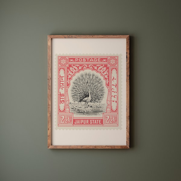 Impresión artística de sello postal de pavo real vintage: decoración de pared bohemia