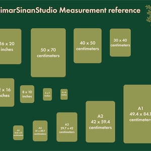 May include: A green chart with a white border showing different paper sizes in inches and centimeters. The chart includes standard paper sizes like A1, A2, A3, A4, and A5, as well as other sizes like 16x20 inches, 12x16 inches, 8x10 inches, 5x7 inches, and 4x6 inches.