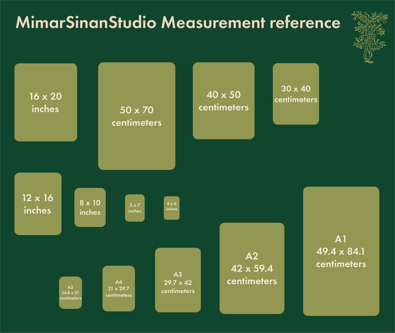 May include: A green chart with a white border showing different paper sizes in inches and centimeters. The chart includes standard paper sizes like A1, A2, A3, A4, and A5, as well as other sizes like 16x20 inches, 12x16 inches, 8x10 inches, 5x7 inches, and 4x6 inches.