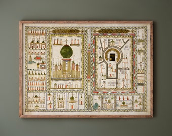 May include: A framed illustration depicting a detailed map of the Kaaba in Mecca, Saudi Arabia. The map is surrounded by a border of intricate geometric patterns and Arabic calligraphy. The Kaaba is shown in the center of the map, surrounded by buildings and trees.
