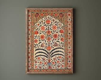 Mughal Floral Art Print, Vintage Indian Textile Wall Art, Botanical Wall Decor