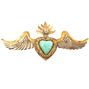 23.6&quot; wide Mexican tin lamp, medium size. Ageg Gold tin Sacred Heart with wings. Milagrito heart lamp