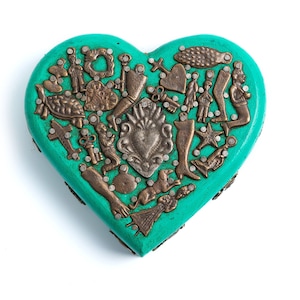 5.1" Mexican wooden heart with Milagros. Sacred Heart with Ex Votos. Mexican religious decoration