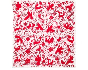 Original handmade Mexican Otomi embroidery 75" x 75". Red, Fuchsia and Cherry