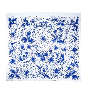 Original Mexican Otomi embroidery large size handmade 95&quot; x 105&quot;. Color Blue, Gray and Beige
