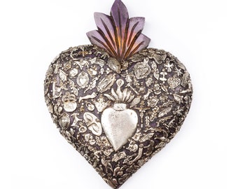 Wooden Heart with Mexican Milagritos - 12.2 inches high