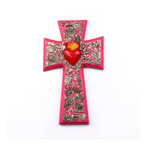 Wooden Cross with Mexican Miracles. Christian Art. 9.5 inches tall