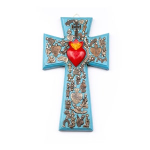 Wooden Cross with Mexican Miracles. Christian Art. 9.5 inches tall