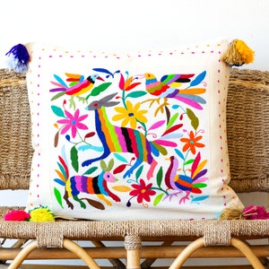 25&quot; Otomi Embroidered Cushion. Cotton Tenango Pillowcase. Mexico Fabric Cushion