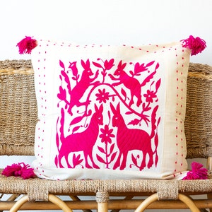 25&quot; Otomi Embroidered Cushion. Cotton Tenango Pillowcase. Mexico Fabric Cushion