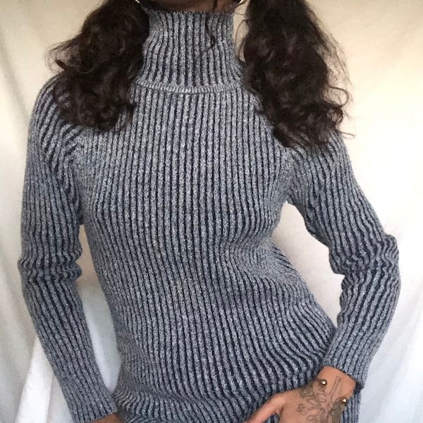 1970s navy ribbed knit long sleeve turtleneck tunic top size small - xl