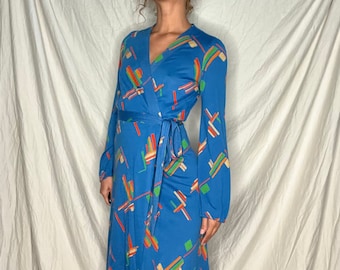 1970s bright blue colorful geometric print wrap style long sleeve dress size xs 24” waist