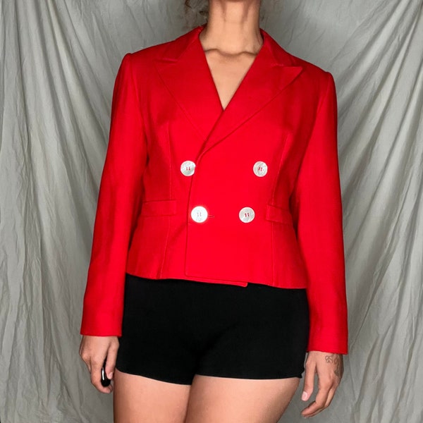 années 1990 I.Magnin Evan-Picone blazer veste de costume recadrée rouge cerise brillant w nacre boutons taille moyenne-grande