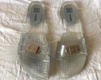 1990s Y2k CHANEL Sport Translucent Clear Jelly Slip on Sandals 