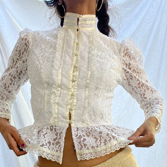 1970s 80s Gunne Sax by Jessica McClintock cream lace … - Gem
