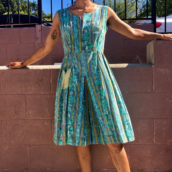 1940s/ 50s front zip rose print one piece jumpsui