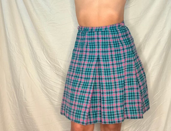 1970s high waist blue and pink plaid pleated wool… - image 1