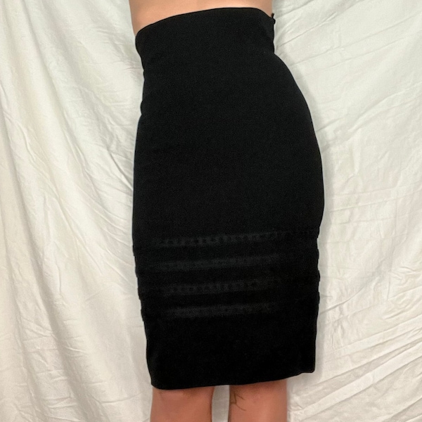 Y2k Yves Saint Laurent 2008 super high waist wool pencil skirt w ribbon trim embellishments size xs-small