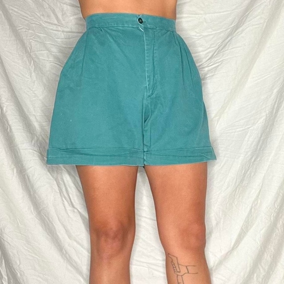 1950s high waist pleated cuffed teal cotton short… - image 1