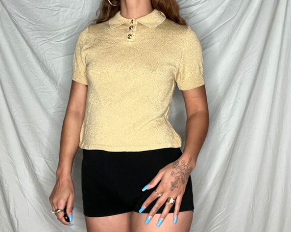 1990s St. John Basics gold knit lurex glitter sho… - image 1