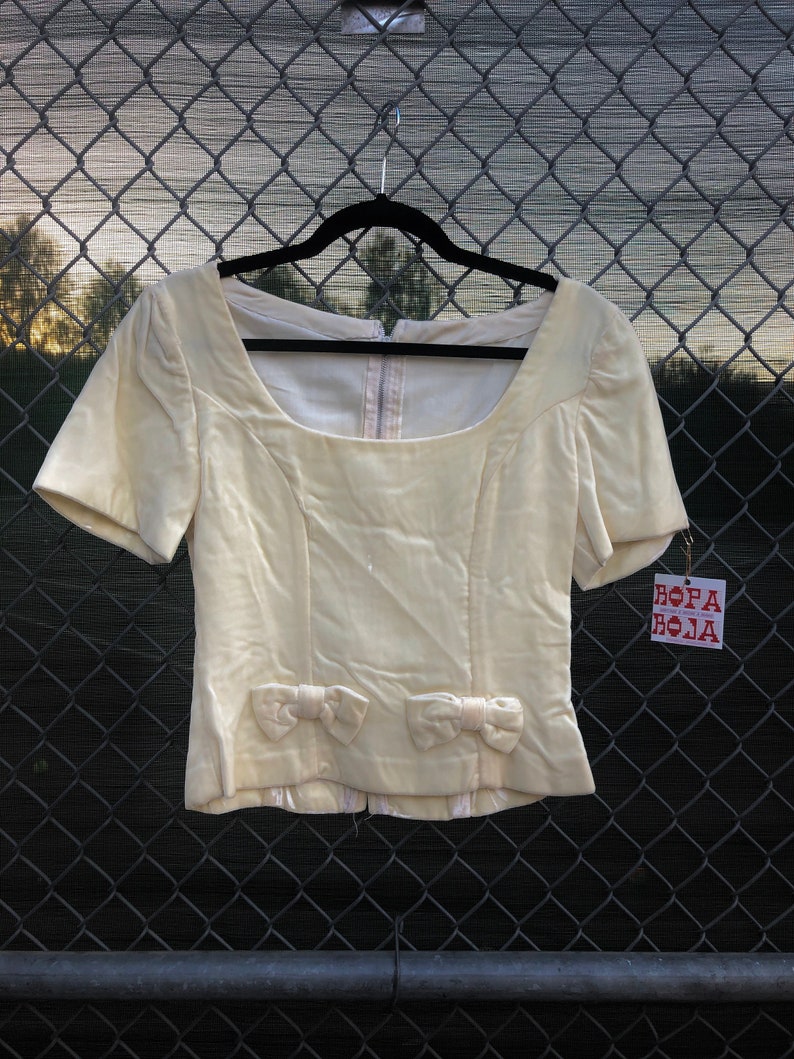 1950s ~ white cream ivory silk velvet top w bows square neck and metal zipper~ size small