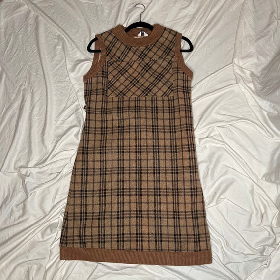 1990s Y2k brown plaid wool dress w knit trim larg… - image 7