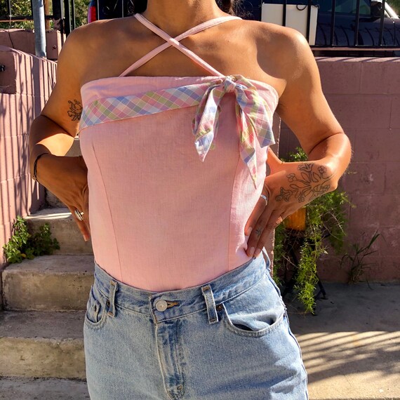 1940s/50s pink corset style crop top w plaid bow a
