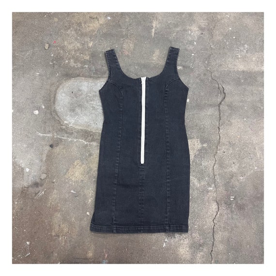 1990s black denim body con mini dress w white chu… - image 1