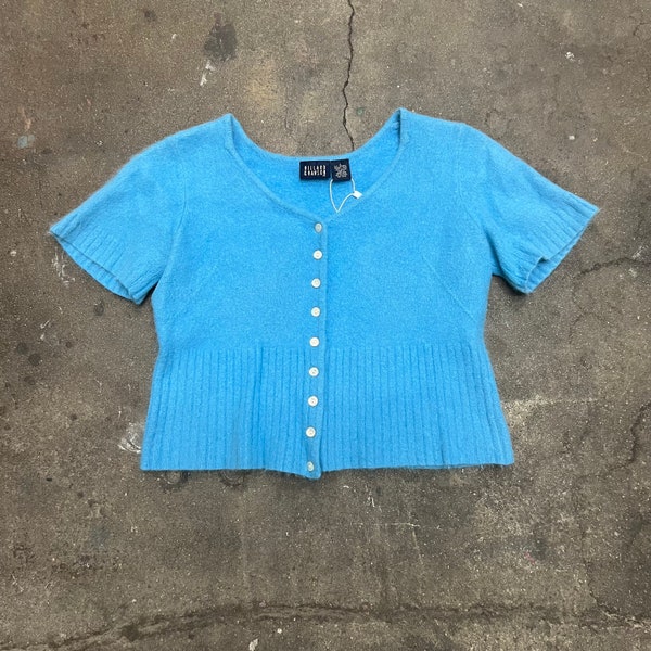 1990s Y2k robins egg blue fuzzy angora knit button up top w iridescent buttons made in Hong Kong size small-large
