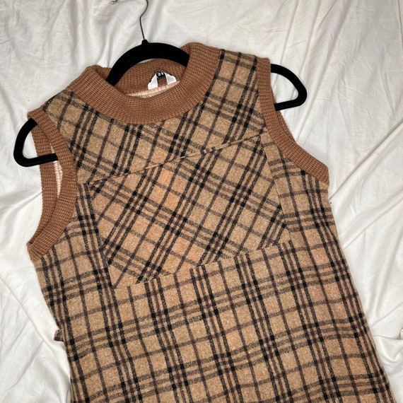 1990s Y2k brown plaid wool dress w knit trim larg… - image 3
