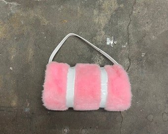 1990s Courreges pink and white patent vinyl furry hand bag