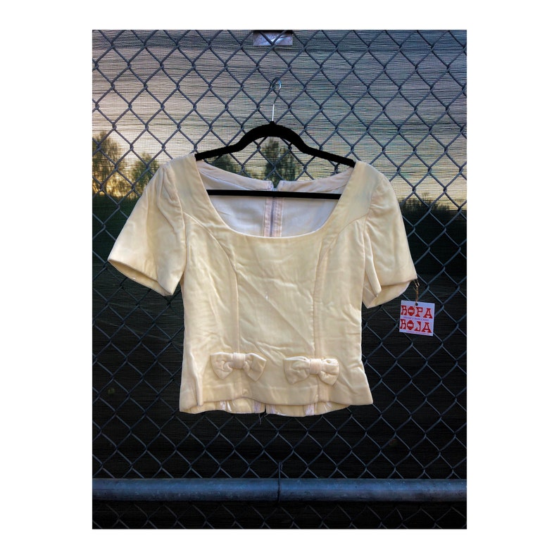 1950s ~ white cream ivory silk velvet top w bows square neck and metal zipper~ size small