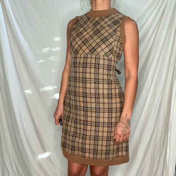 1990s Y2k brown plaid wool dress w knit trim larg… - image 1