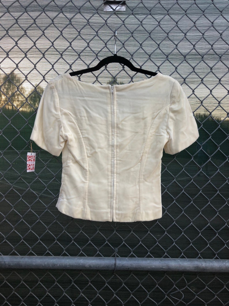 1950s ~ white cream ivory silk velvet top w bows square neck and metal zipper~ size small
