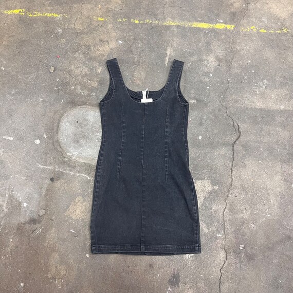 1990s black denim body con mini dress w white chu… - image 5