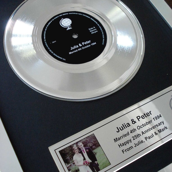 Ihre eigene personalisierte 7" Silber Vinyl gerahmte Schallplatte Single Record Award