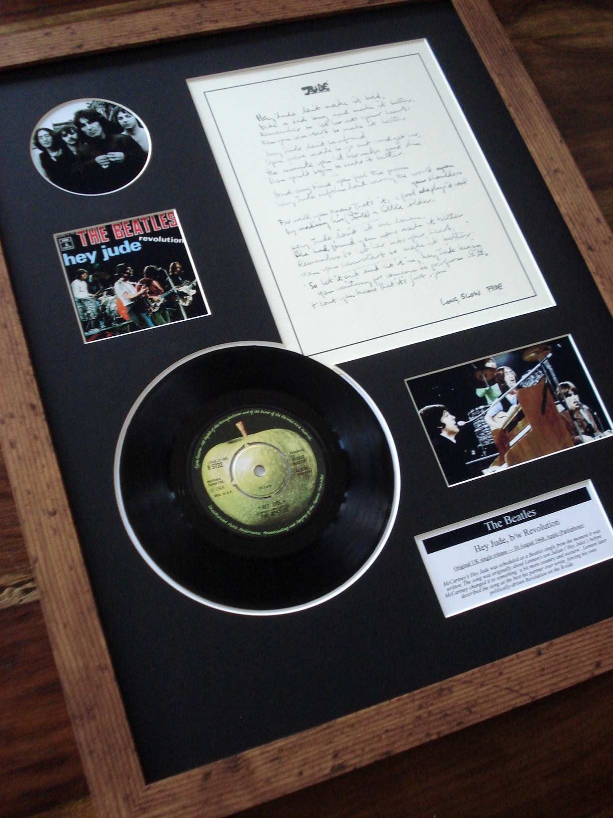 The Beatles Hey Jude 7" single + Vinyl Lyrics Framed Display