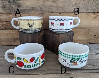 Vintage Ceramic Stoneware Soup Mugs Each Sold Separately Rooster Country Hearts Onion Chicken Vegetable Soup Hot Soup