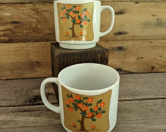 Vintage Set of Two Orange Tree Porcelain Ceramic Mugs