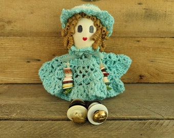 Vintage Handmade Wood and Crocheted Button Girl / Doll / Very Kitschy