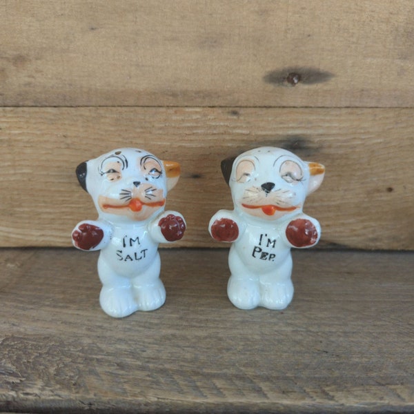 Vintage 1950s Bonzo Dog Salt and Pepper Shakers I'm Pep I'm Salt Made in Japan Anthropomorphic Kitschy Kitsch