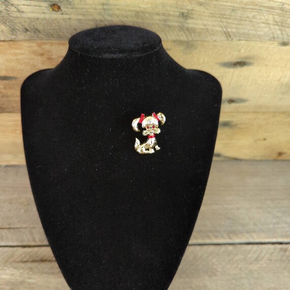 Vintage Gerry's 1960s Gold Tone Dog Pin / Red Bow… - image 2