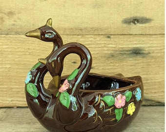 Vintage Redware Double Swan Planter / Brown with Flowers