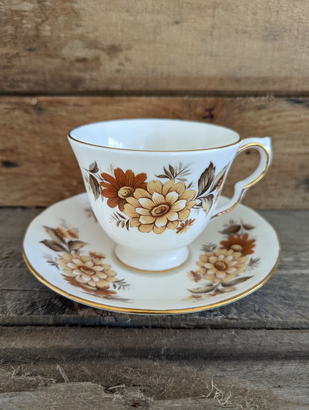 Vintage Queen Anne Bone China Teacup and Saucer 8620 / Brown Flowers