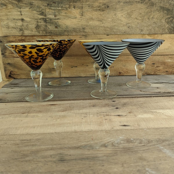 Vintage Artland Amici Hand blown Safari / Leopard or Zebra Print Martini Glasses