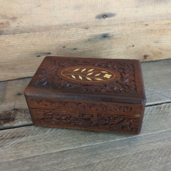 Vintage Sheesham Wood Trinket Box Jewelry Box Hand Carved Made in India