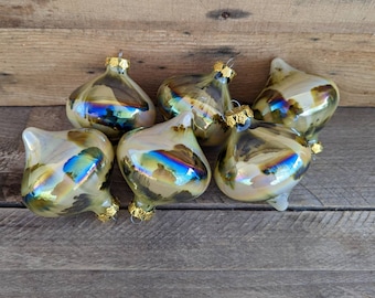 Vintage Set of Six Blown Glass Swirl Reverse Painted Onion Christmas Ornaments