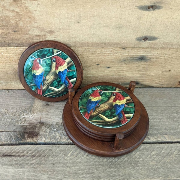 Set of Four Colorful Wooden Parrot Coasters